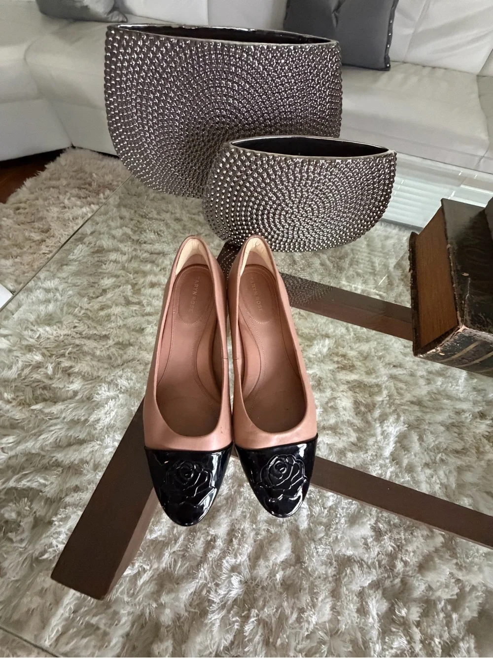 Taryn Rose Womens Rose Beige Black Leather Cap Toe Slide On Shoes Size 11 B